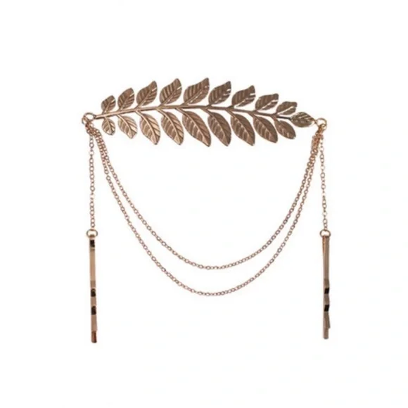 •1 Left•Intricately Designed Gold Leaf Hair Chain Accessory W Two Clip In Pins - Picture 5 of 5